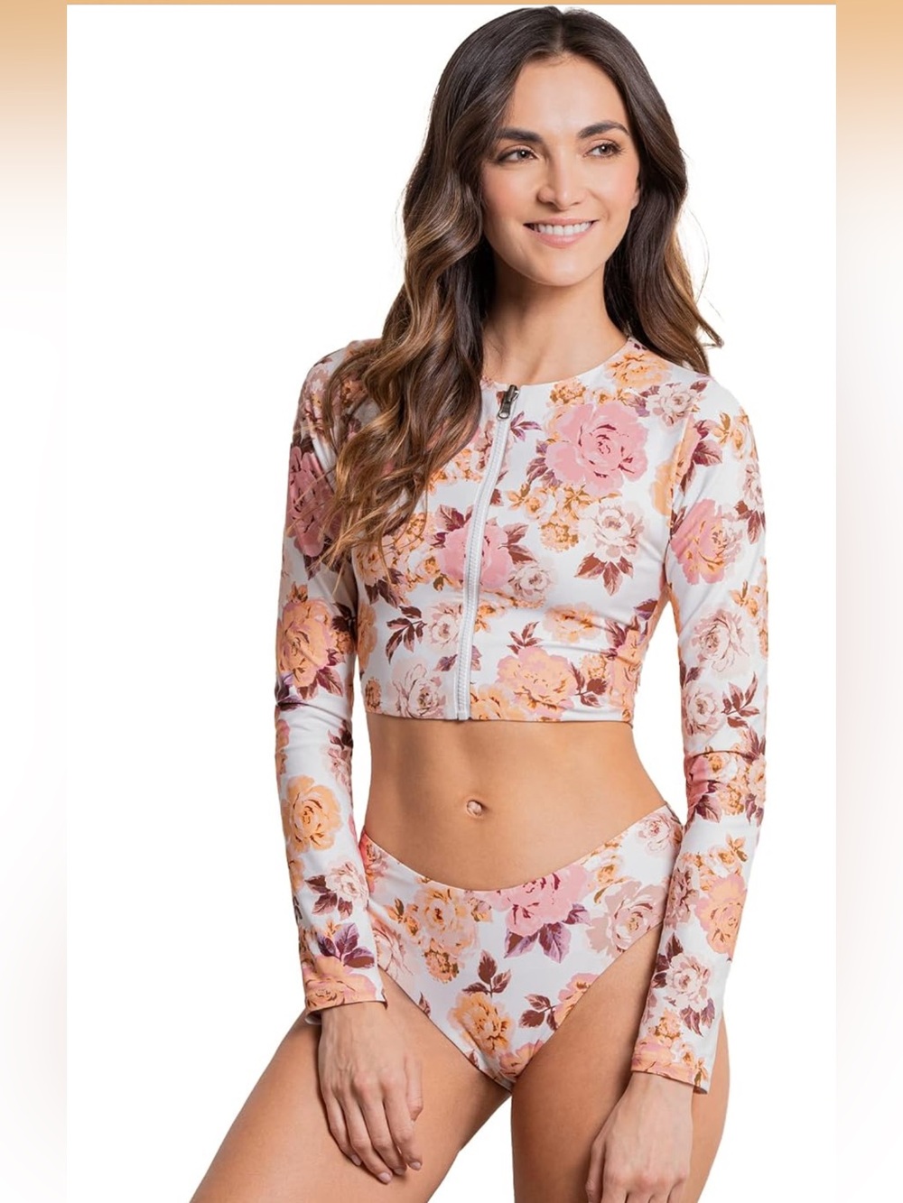 Maaji White Floral Zip-Front Long Sleeve Reversible Bikini - Pink & Peach